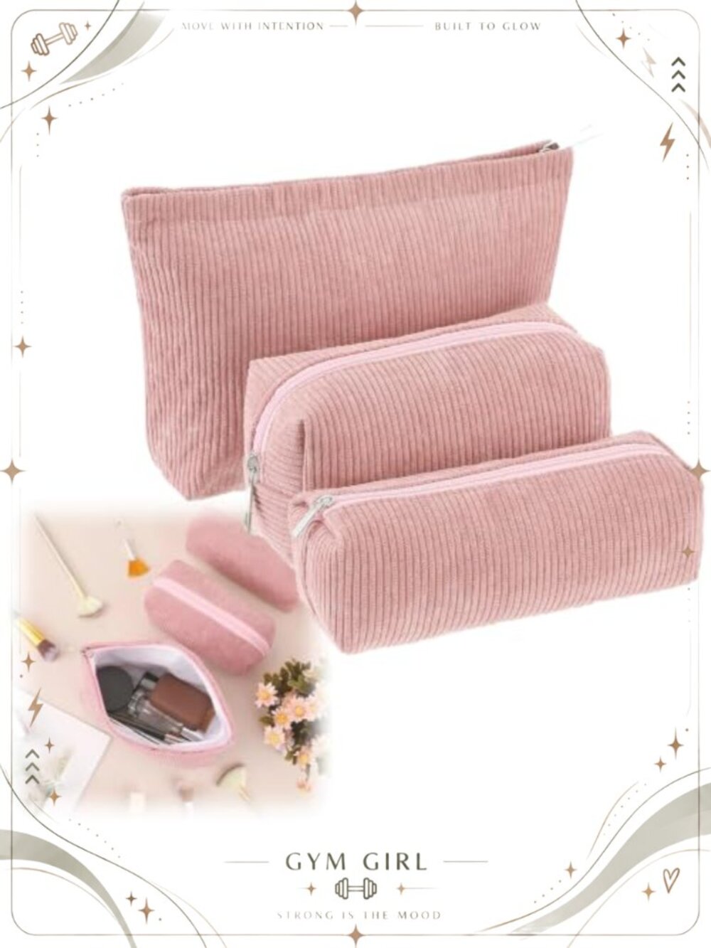 3 Pc Corduroy Makeup Bag Set Zipper Cosmetic Travel Toiletry Pouch